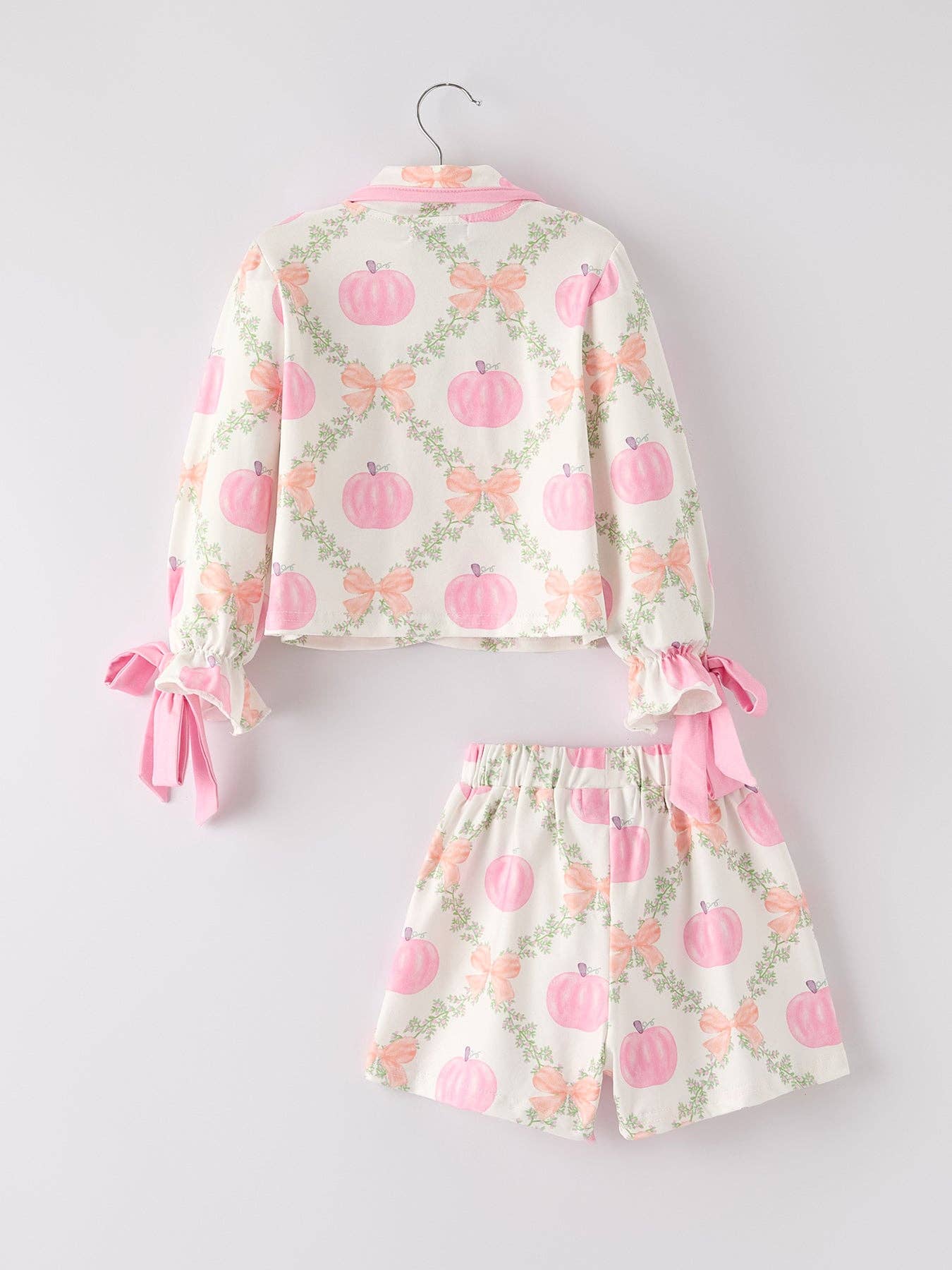 Halloween Pumpkin Floral Print Long Sleeve Top Shorts Girls Pajama Set