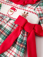 Christmas Plaid Smocking Embroidered Girls Bloomers Romper Set