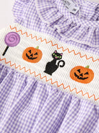 Fall Halloween Purple Balloon Pumpkin Cat Smock Embroidery Baby Girl Romper