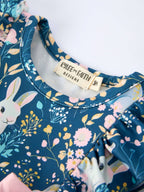 Teal Easter Bunny Garden Ruffle Sleeve Baby Girls Romper