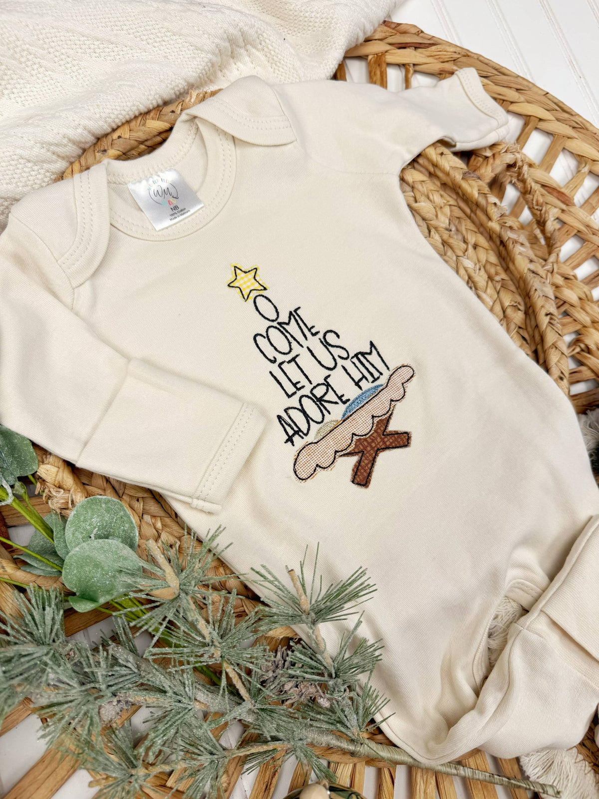 O come let us adore him baby footie, Christmas baby outfit