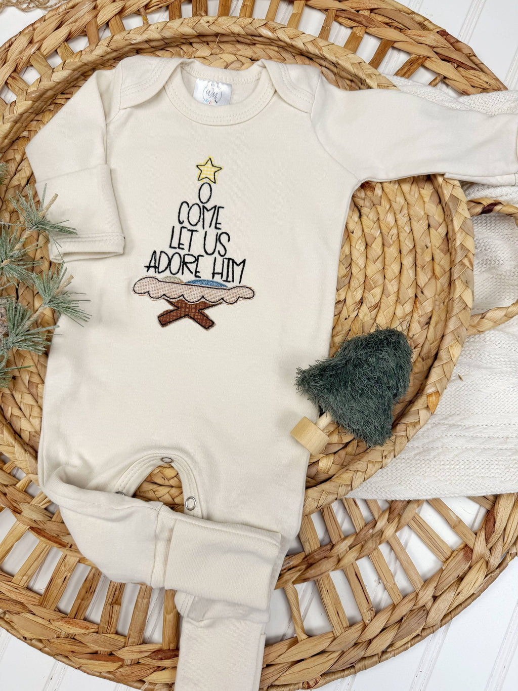 O come let us adore him baby footie, Christmas baby outfit
