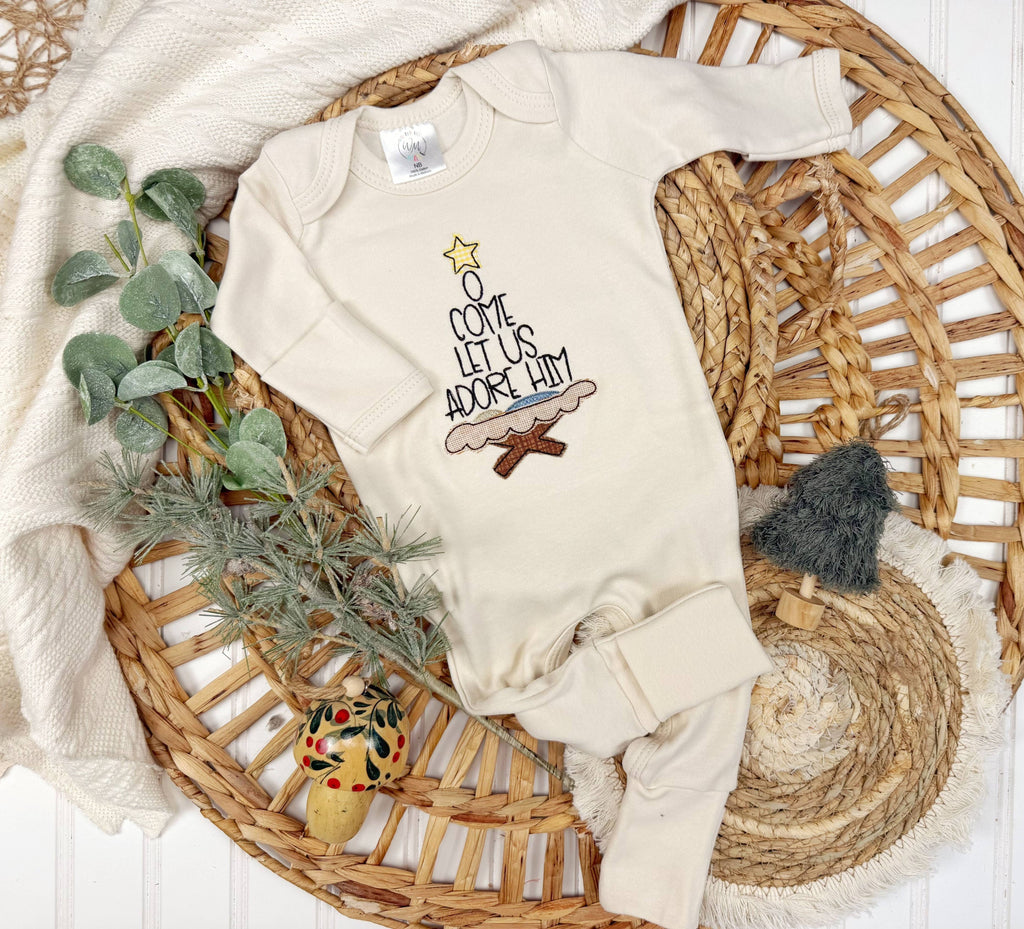 O come let us adore him baby footie, Christmas baby outfit