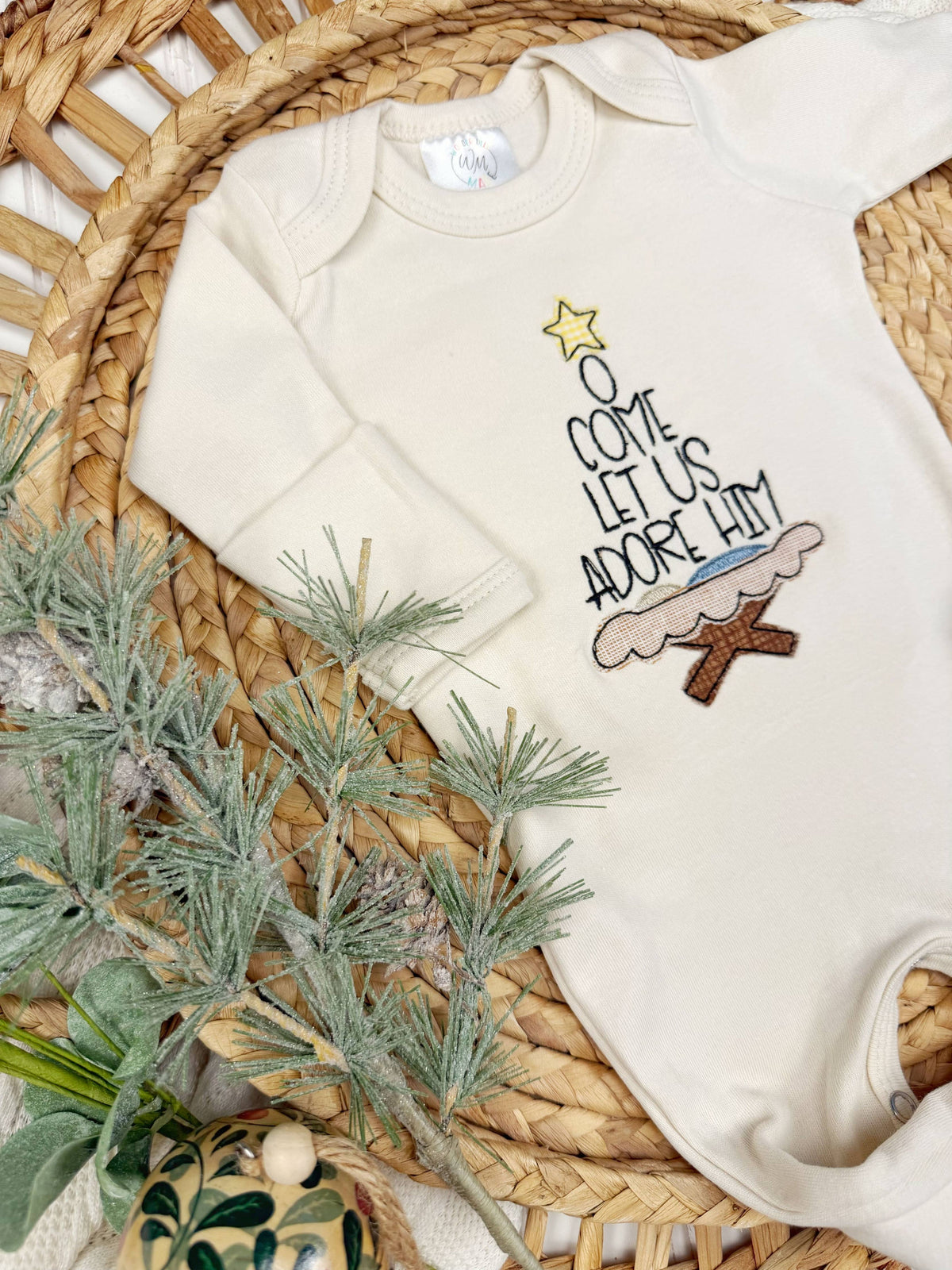 O come let us adore him baby footie, Christmas baby outfit