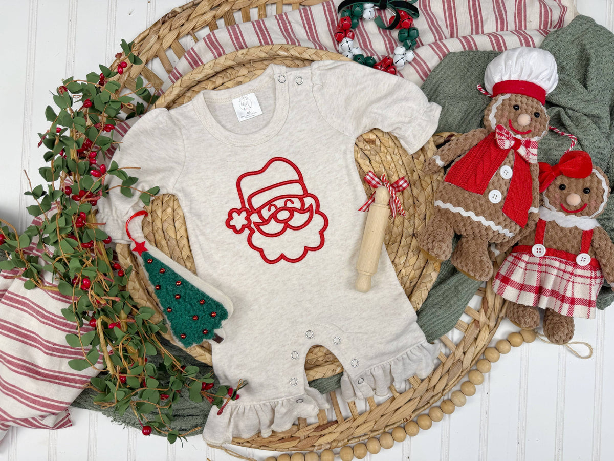 Christmas baby girl ruffle romper, puff embroidery Santa