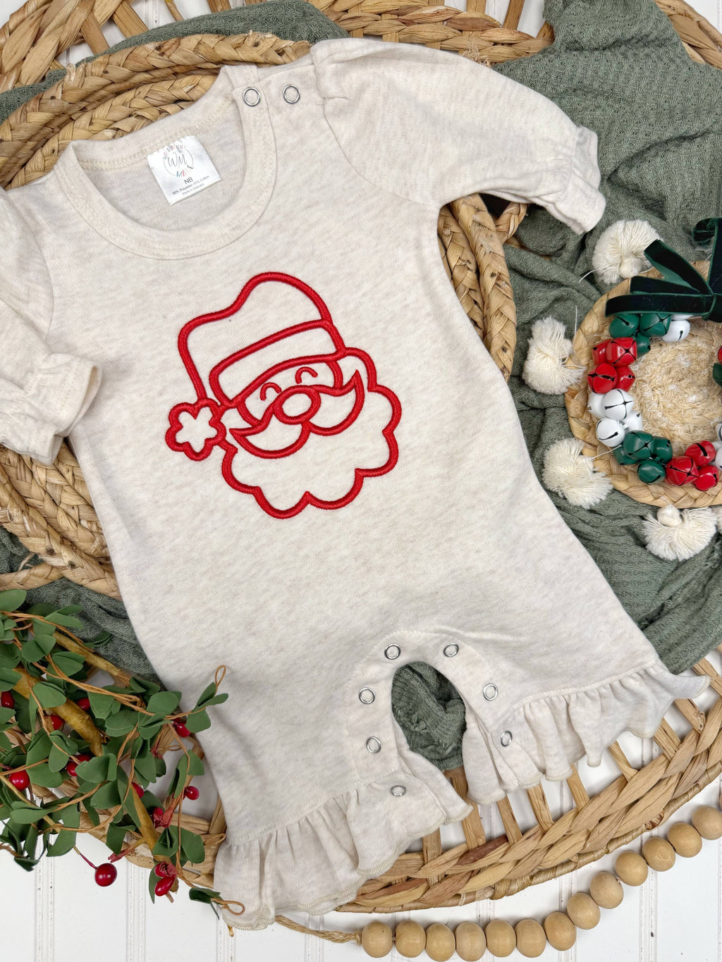 Christmas baby girl ruffle romper, puff embroidery Santa