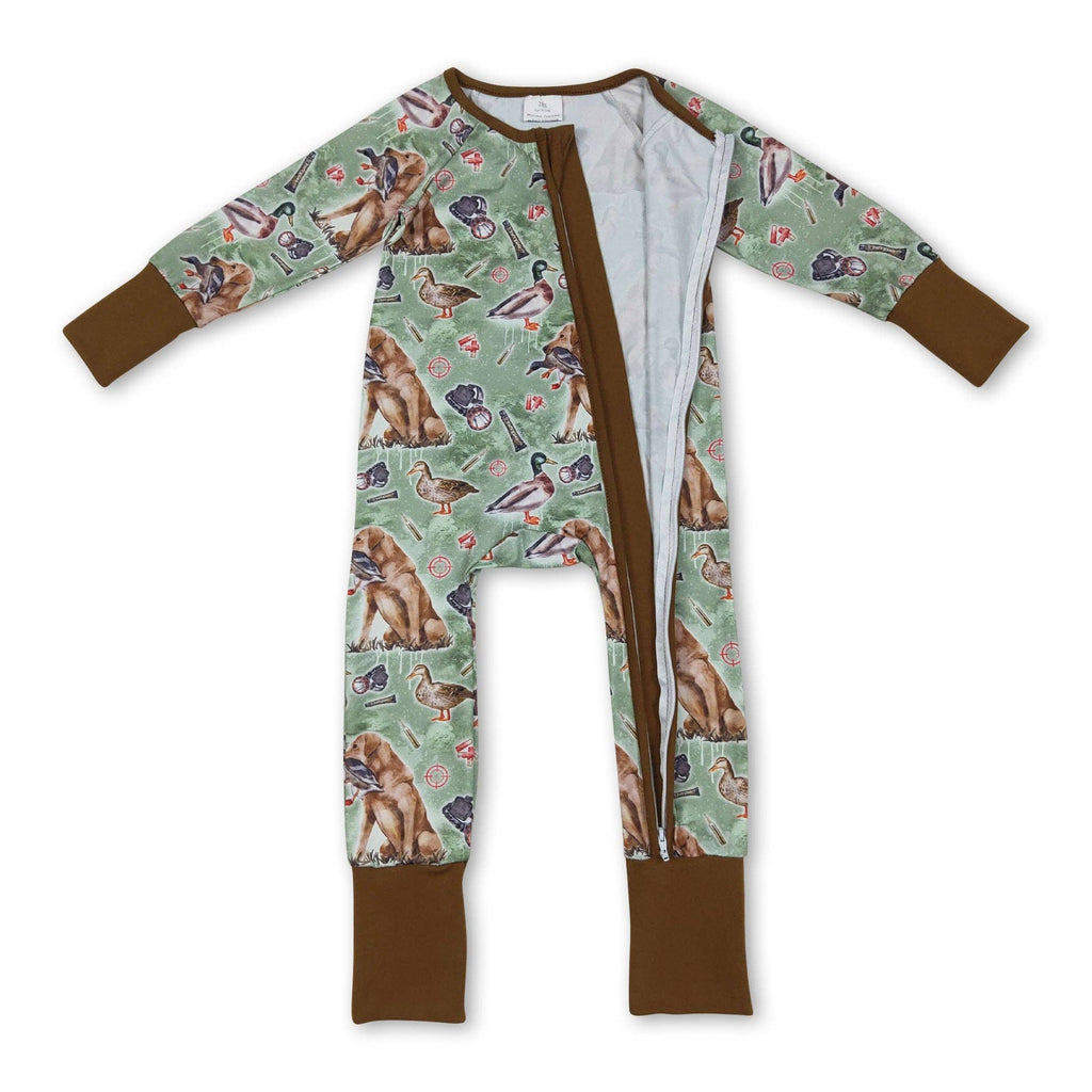 Brown long sleeves dog duck baby boy zipper romper