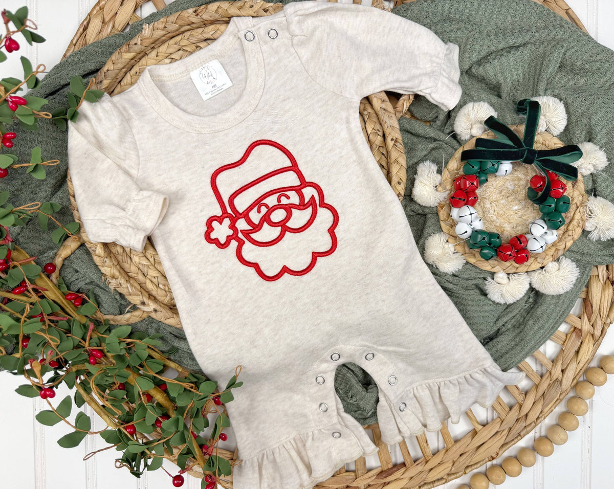 Christmas baby girl ruffle romper, puff embroidery Santa