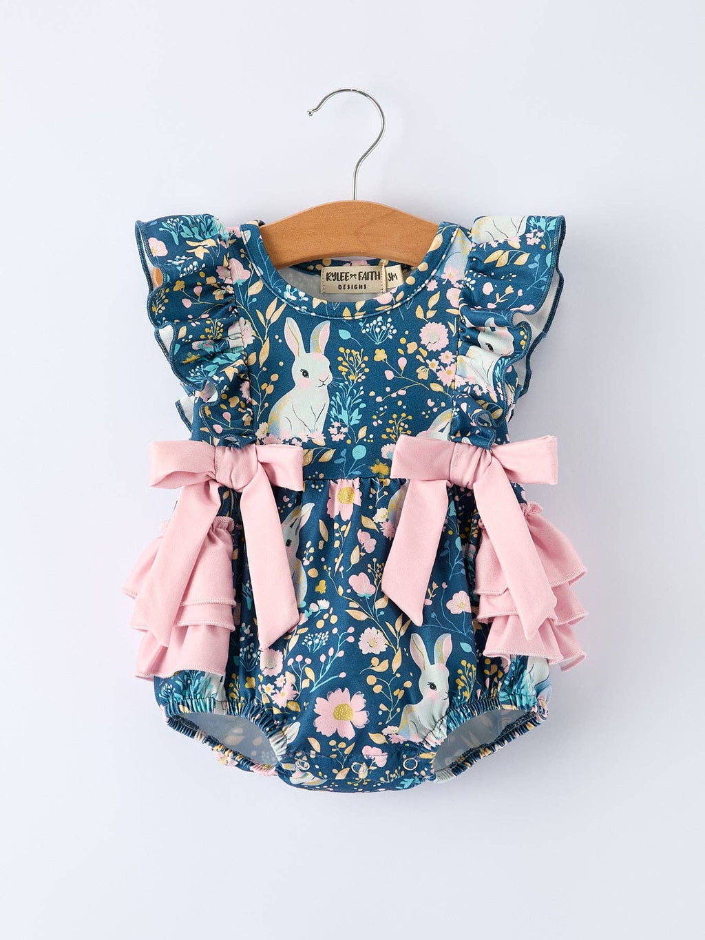Teal Easter Bunny Garden Ruffle Sleeve Baby Girls Romper