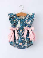 Teal Easter Bunny Garden Ruffle Sleeve Baby Girls Romper