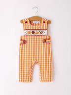 Fall Embroidered Romper for Baby Boys – Orange Checkered with Halloween Details