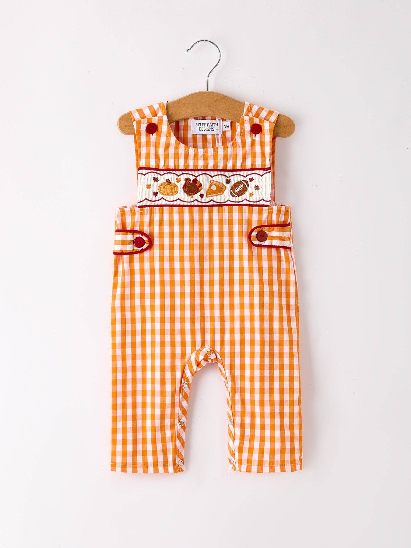 Fall Embroidered Romper for Baby Boys – Orange Checkered with Halloween Details