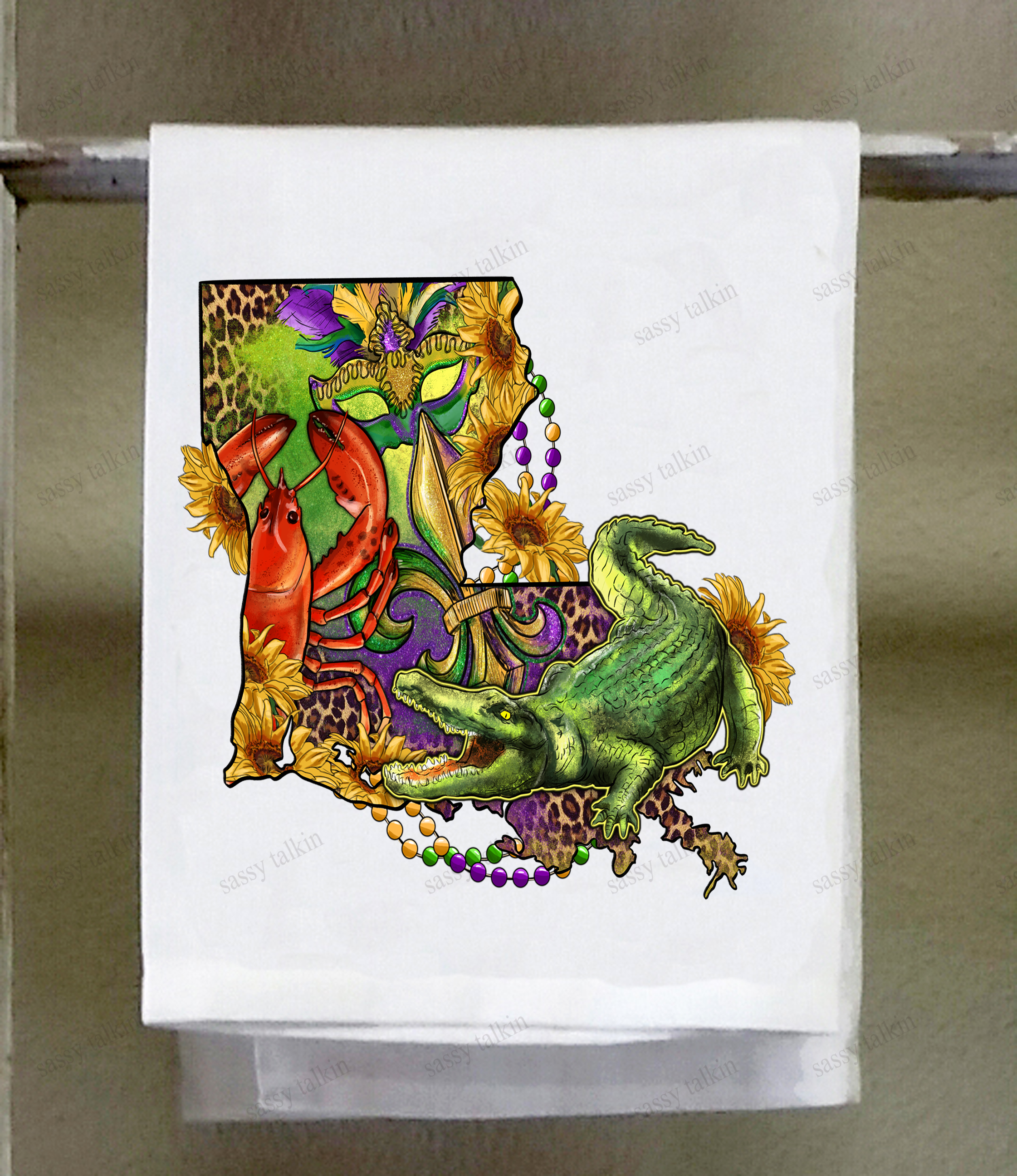 Dish Towel, Mardi Gras, Louisiana alligator crawfish, sunflo