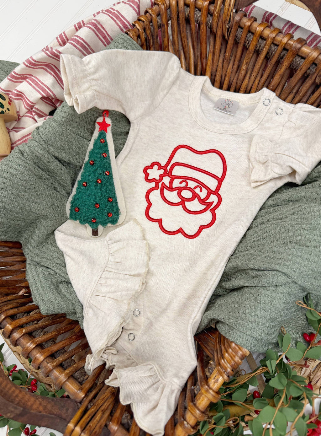 Christmas baby girl ruffle romper, puff embroidery Santa